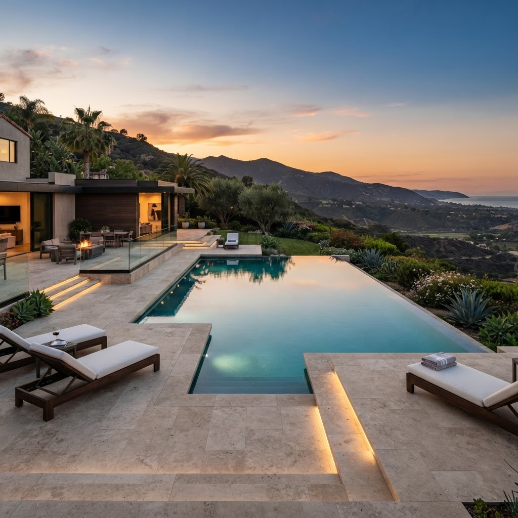 A luxurious infinity pool at dusk overlooking a modern estate